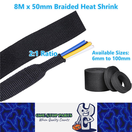 8M x 50mm 2:1 Black Heat Shrink Braided Sleeve Shrink 50mm to 25mm heat shrink