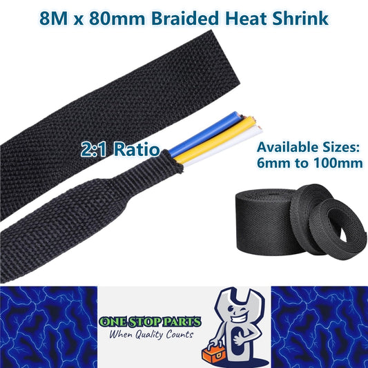 8M x 80mm 2:1 Black Heat Shrink Braided Sleeve Shrink 80mm to 40mm heat shrink