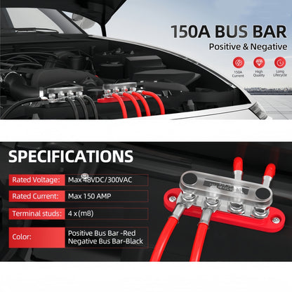 M8 Bus Bar 12V-48V 150A Power Distribution Block 4xM8 Posts Stud Terminal Block