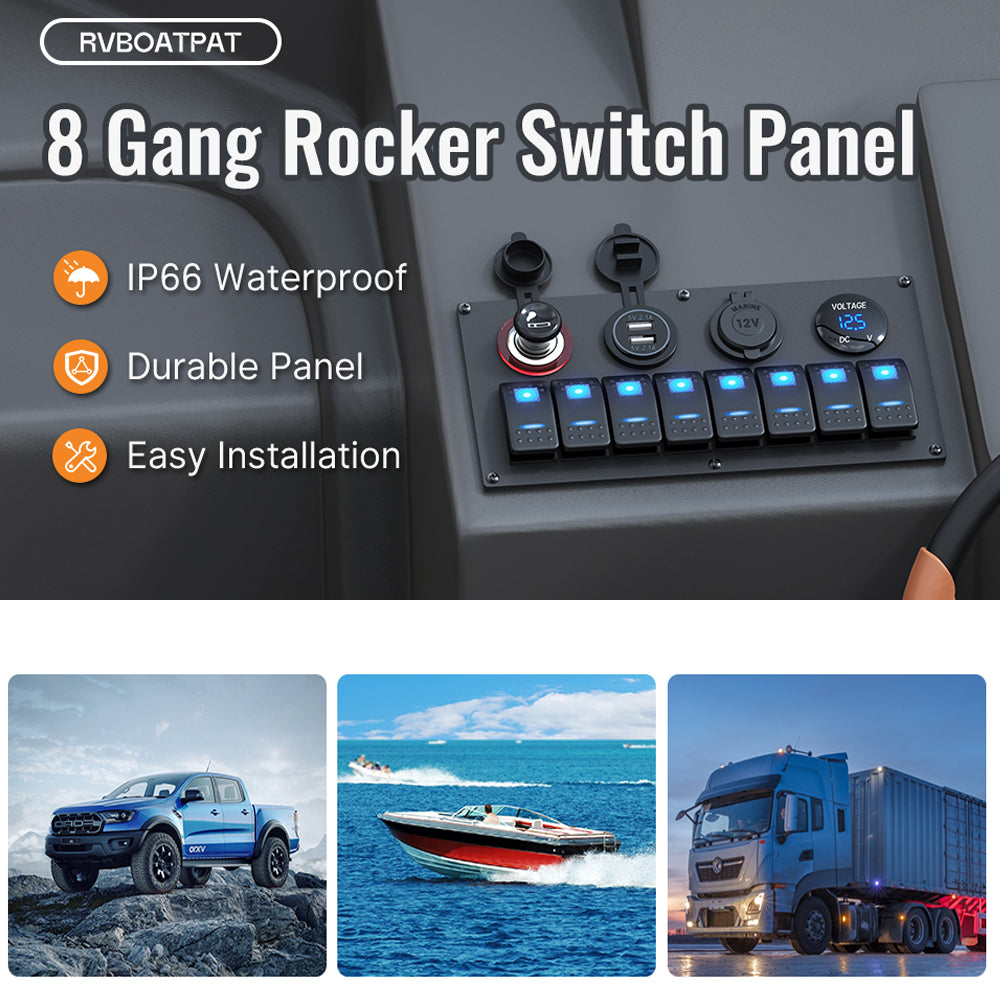 12V 24V 8 Gang Rocker Switch Panel Volt USB Port 12V Outlet Cigarette Socket