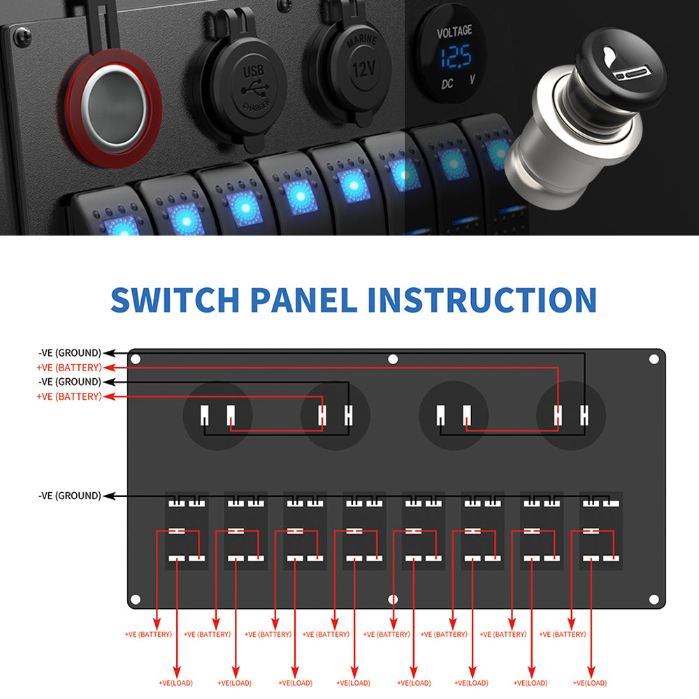 12V 24V 8 Gang Rocker Switch Panel Volt USB Port 12V Outlet Cigarette Socket