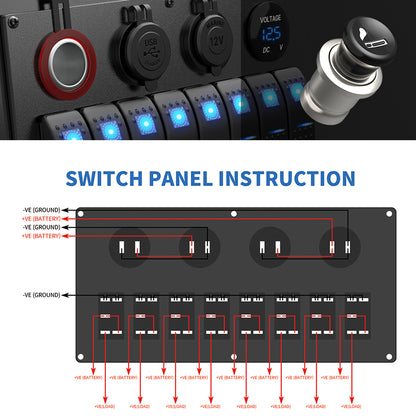 12V 24V 8 Gang Rocker Switch Panel Volt USB Port 12V Outlet Cigarette Socket