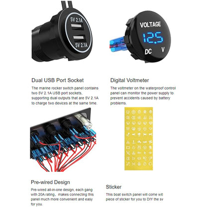 12V 24V 8 Gang Rocker Switch Panel Volt USB Port 12V Outlet Cigarette Socket