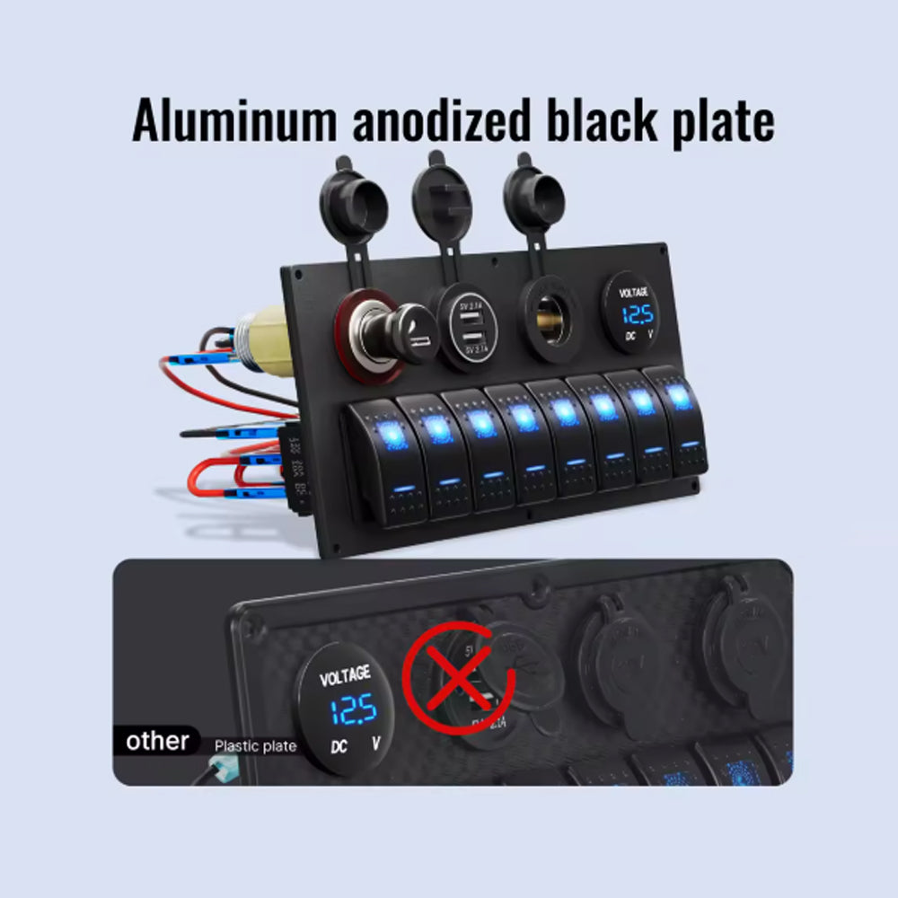 12V 24V 8 Gang Rocker Switch Panel Volt USB Port 12V Outlet Cigarette Socket