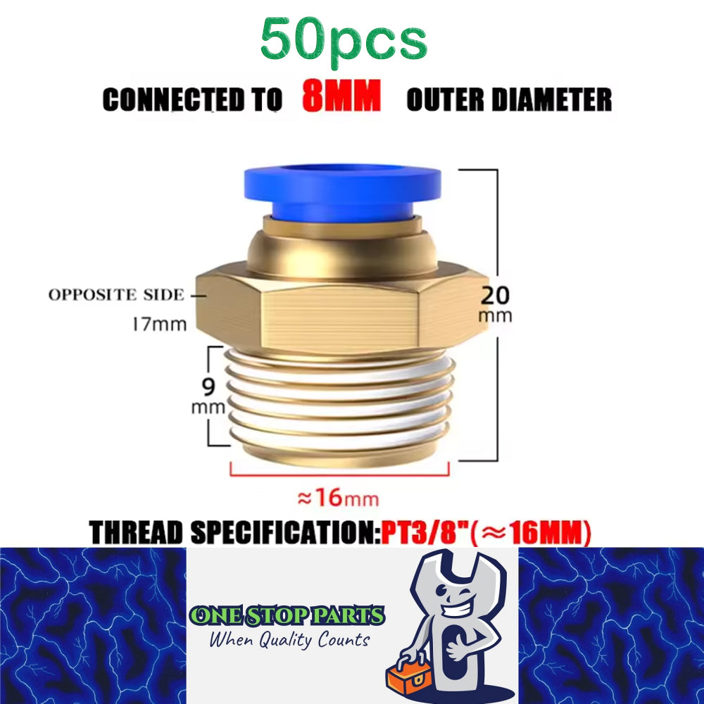 50 x Pneumatic Air Connector Fittings Push to Connect 8mm Tube to 16mm Thread