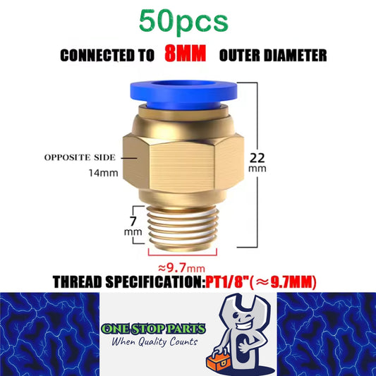 50 x Pneumatic Air Connector Fittings Push to Connect 8mm Tube to 9.7mm Thread