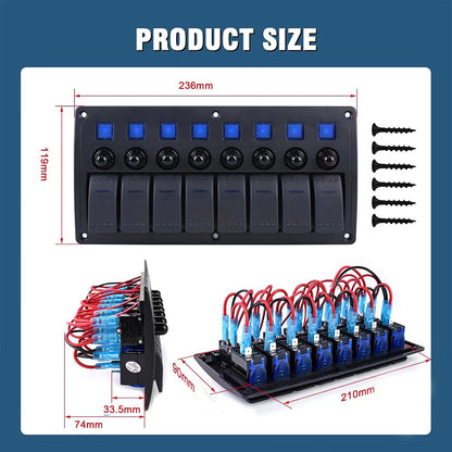 8 Gang Rocker Switch Panel Red LED Lights Pre-Wired with Circuit Breakers