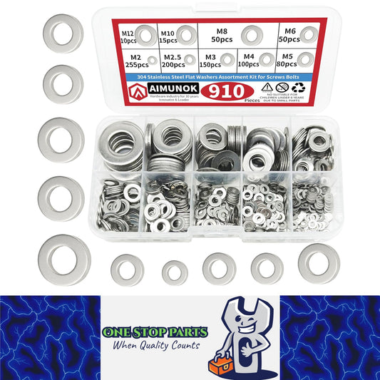 910pcs 304 Stainless Steel Flat Washer Kit M2–M12 9 Size for Home Car Repair DIY