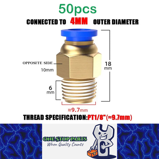 50 x Pneumatic Air Connector Fittings Push to Connect 4mm Tube to 9.7mm Thread
