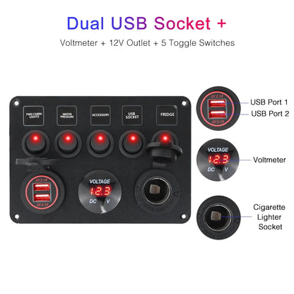 12-24V Red 5 Switch Panel Volt USB Port 12V Outlet Combination Marine LED Rocker