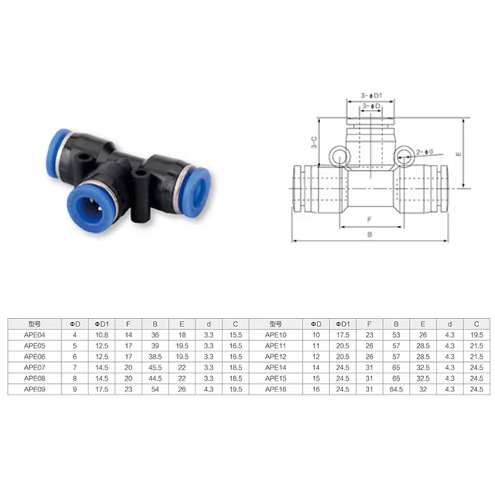 50 x T shaped Tee PE10 Air Pneumatic Connectors OD10mm Hose 3 Way Fittings