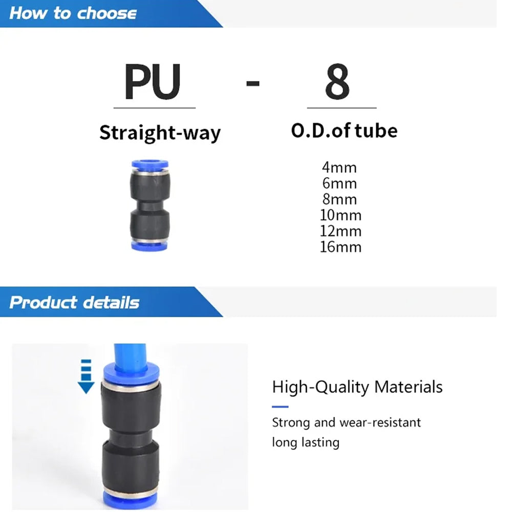 56pcs Air Straight Pneumatic Fittings PU Series Connectors 4/6/8/10/12//14/16mm