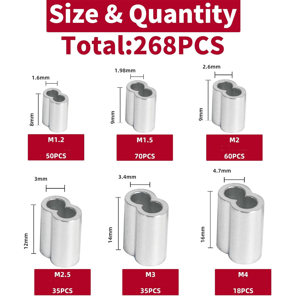 268 x Aluminum Crimping Loop Sleeve 6 Size Double Barrel Ferrule Cable Rope Wire