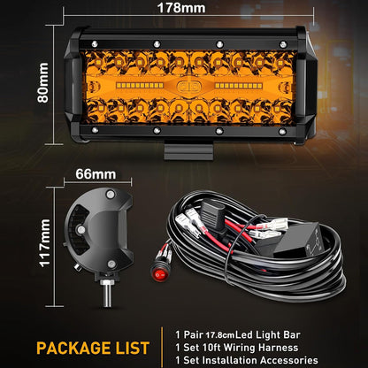 2 x Amber LED Light Bar 120W 178x80mm Flood Spot LED Work Light with Harness