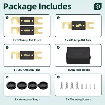 ANL Fuse Holder Kit 2pcs Bolt On 300Amp Fuse 1pc 400A/500A 1 in 2 Out Fuse Block