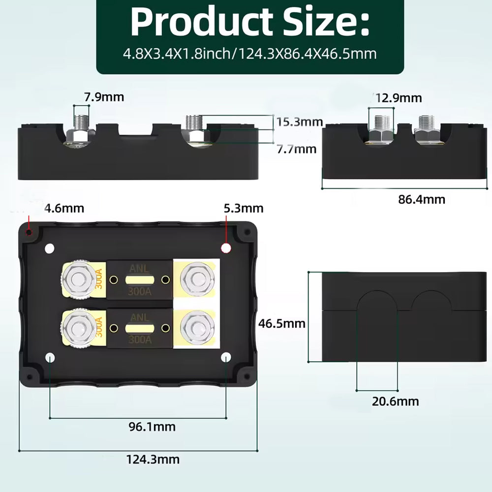 ANL Fuse Holder Kit 2pcs Bolt On 300Amp Fuse 1pc 400A/500A 1 in 2 Out Fuse Block