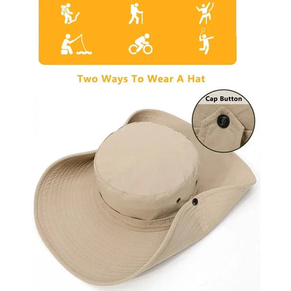 Khaki Men Anti-UV Sun Hat Wide Brim Mesh Panama Camping Hiking Fisherman Hat