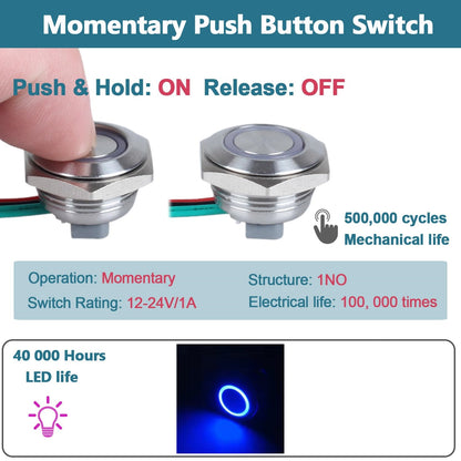 22mm Metal Push Button Switch Ultra Thin Blue LED 12-24V Pre-Wired Self Reset