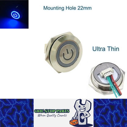22mm Blue LED Metal Push Button Switch Ultra Thin 12-24V Pre-Wired Self Reset