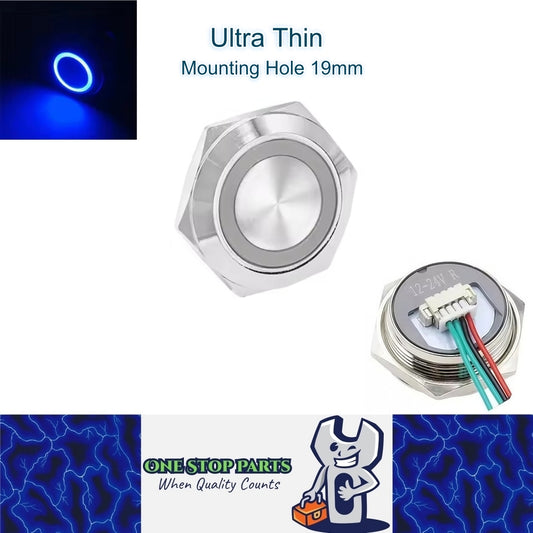 19mm Metal Push Button Switch Ultra Thin Blue LED 12-24V Pre-Wired Self Reset