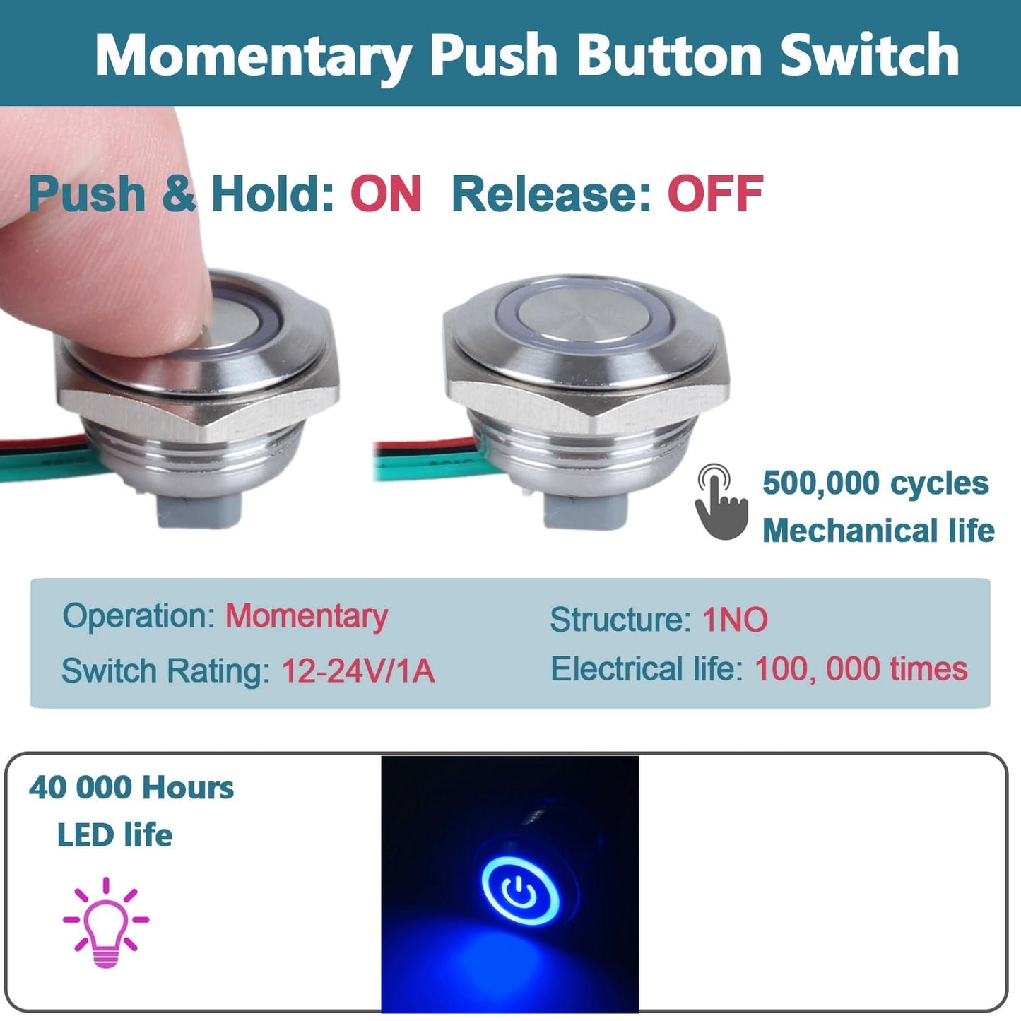19mm Blue LED Metal Push Button Switch Ultra Thin 12-24V Pre-Wired Self Reset