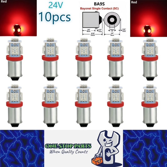 10 x BA9S RED 24V 5SMD 360 DEGREE LIGHT 88LM IDEAL FOR PARKERS OR DASH 10pcs