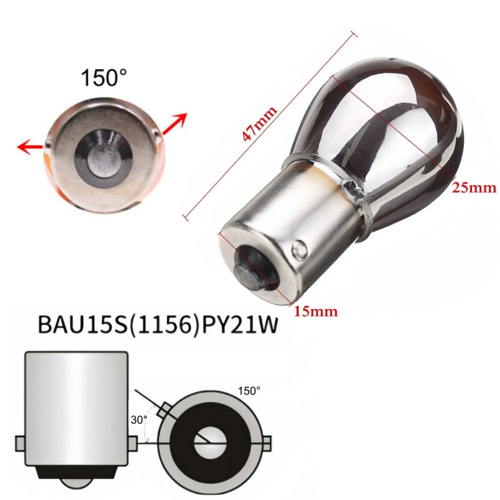 2pcs Amber BAU15S 12V 21W 1156 PY21W Chrome Coated Filament Incandescent Globes