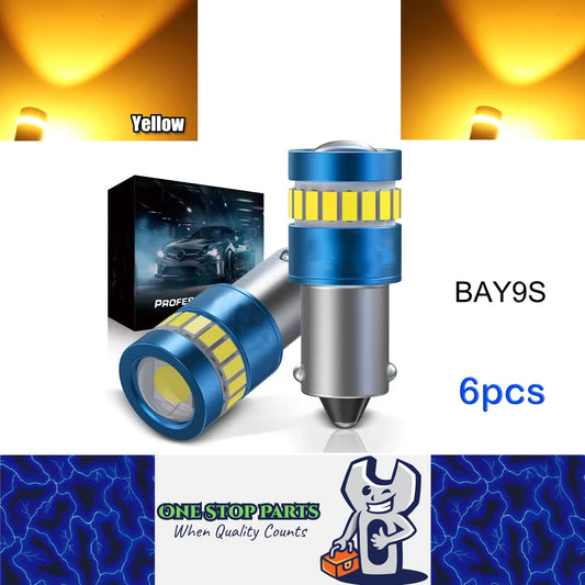 6pcs BAY9S Yellow 12V 19SMD Canbus Super Bright LED Bulbs BAY9S LED Globes