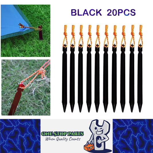 20 x Black Tent Stakes 18CM Tri-Beam Tent Pegs with Rope Ground Nails Stakes