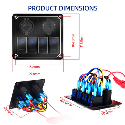 Metal 12V-24V 4 Gang LED Rocker Switch Panel with USB Port 12V Outlet Marine Car