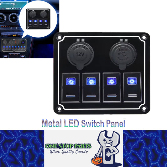 Metal 12V-24V 4 Gang LED Rocker Switch Panel with USB Port 12V Outlet Car Marine