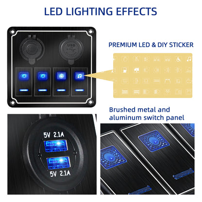Metal 12V-24V 4 Gang LED Rocker Switch Panel with USB Port 12V Outlet Car Marine