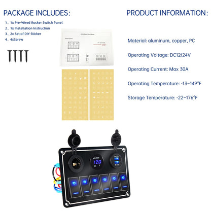 Metal 12V-24V 6 Gang LED Rocker Switch Panel with USB Port 12V Outlet Voltmeter