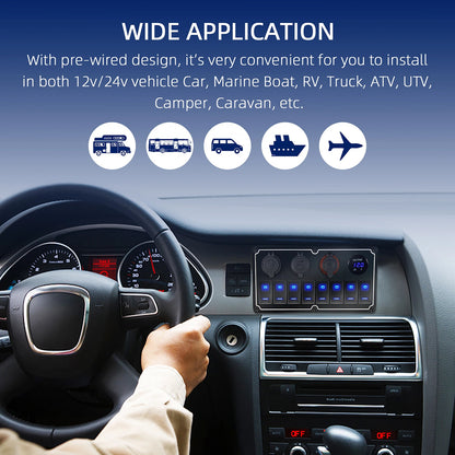 Metal 12V-24V 4 Gang LED Rocker Switch Panel with USB Port 12V Outlet Car Marine