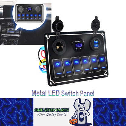 Metal 12V-24V 6 Gang LED Rocker Switch Panel with USB Port 12V Outlet Voltmeter