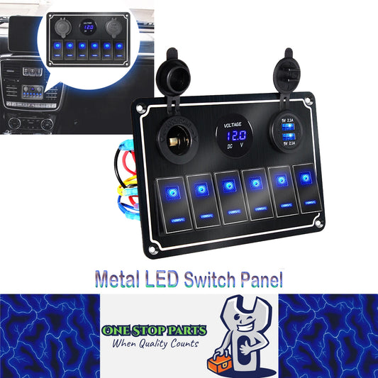 Metal 12V-24V 6 Gang LED Rocker Switch Panel with USB Port 12V Outlet Voltmeter