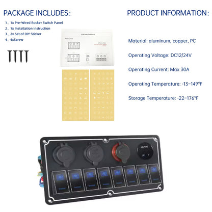 Metal 12V-24V 8 Gang LED Rocker Switch Panel with USB Port 12V Outlet Voltmeter