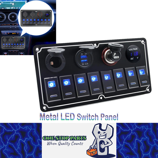 Metal 12V-24V 8 Gang LED Rocker Switch Panel with USB Port 12V Outlet Voltmeter