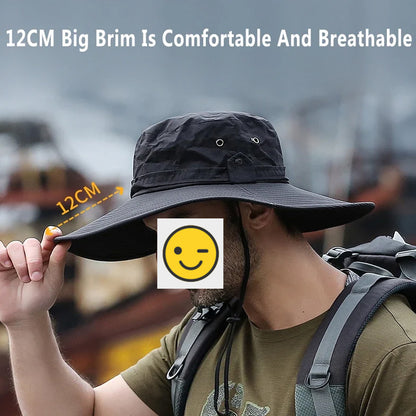 Black Men Anti-UV Sun Hat Wide Brim Mesh Panama Camping Hiking Fisherman Hat