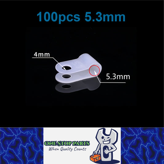 100 X White 5.3mm P Clamps Cable saddle clips R-Type Nylon Plastic Clamps 100pcs