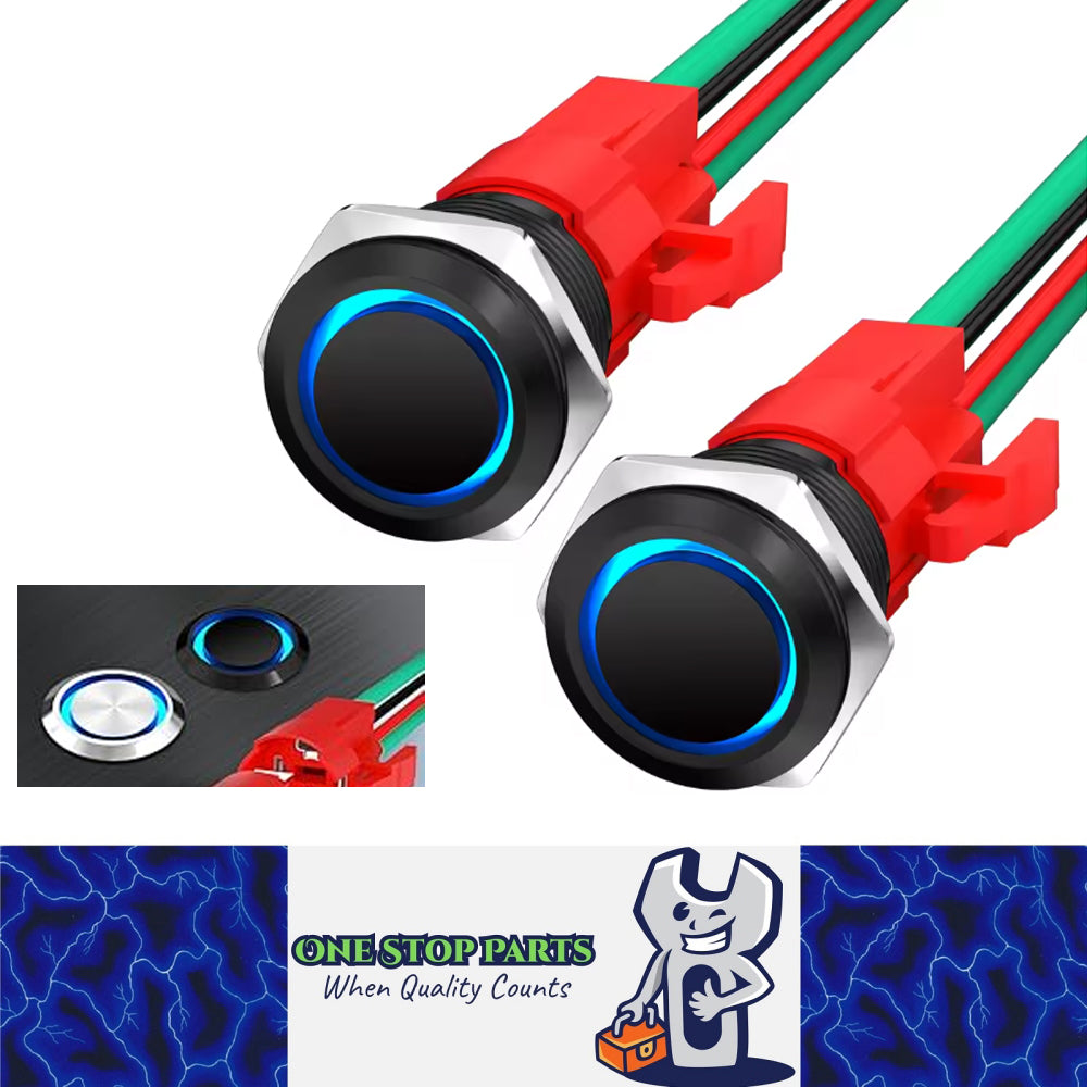 2 x 16mm Metal Push Button Switch Blue LED 12V 20A Pre Wired Self-Locking Switch
