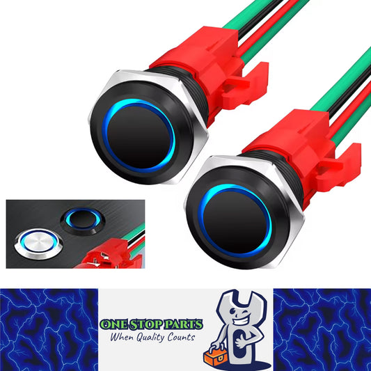 2 x 16mm Metal Push Button Switch Blue LED 12V 20A Pre Wired Self-Locking Switch