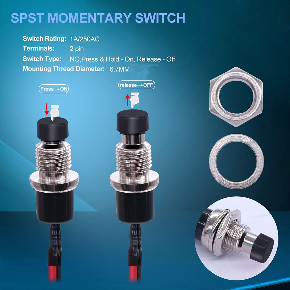 5 x Black Push Button Switches 7mm ON/OFF SPST Panel Mount Switches 20cm Wire