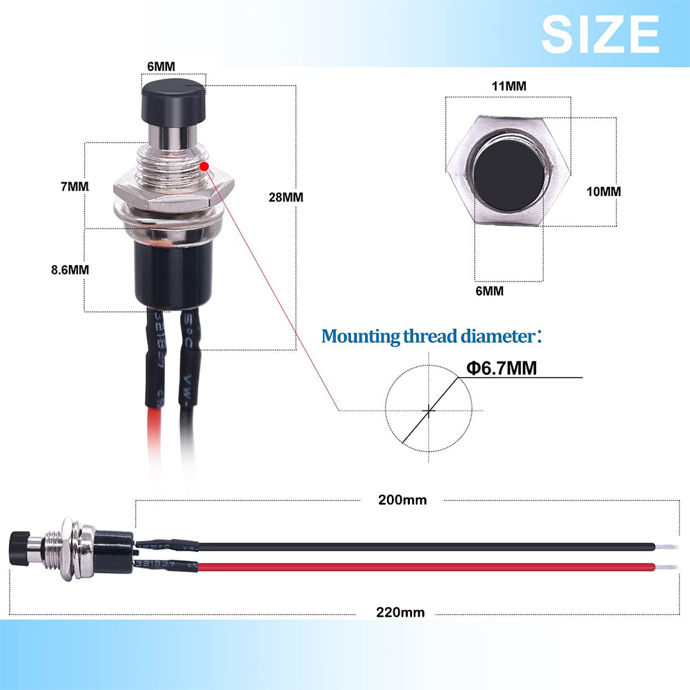 5 x Black Push Button Switches 7mm ON/OFF SPST Panel Mount Switches 20cm Wire