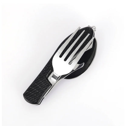 Black Foldable Multi-Functional Knife Fork Spoon Combo for Camping and Travel