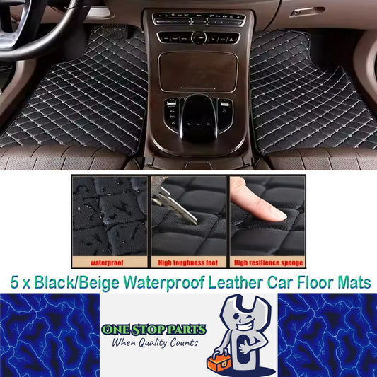 5 x Black/Beige Waterproof Leather Car Floor Mats Universal Auto Foot Pad Carpet