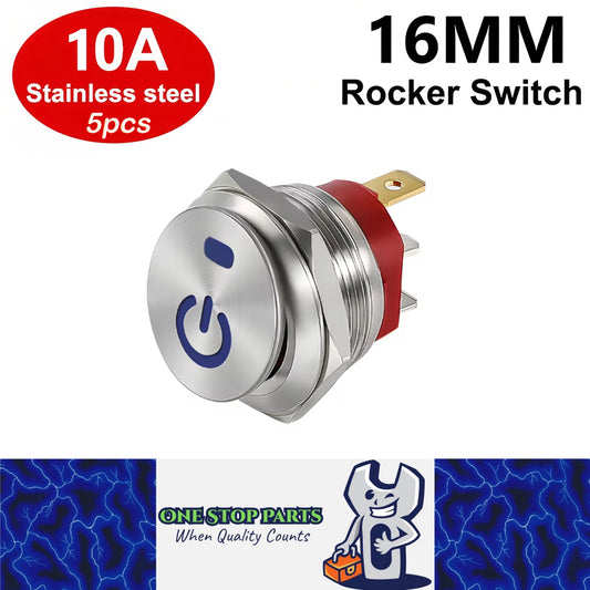 5 x Blue Power LED 16mm Metal Rocker Switch 12-24V 10A 3Pin ON/OFF Self-Locking