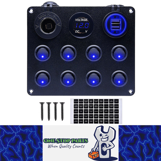 12V-24V Blue 8 Switch Panel  USB Port 12V Outlet Combination Marine LED Rocker