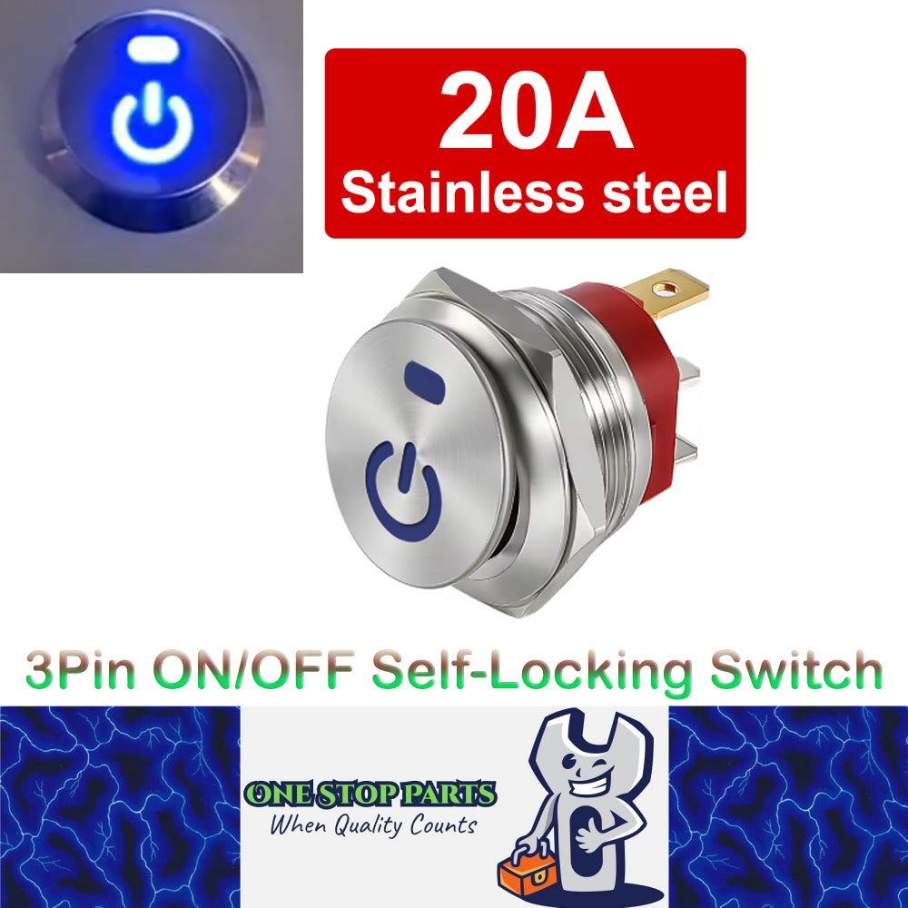 22mm Metal Push Button Switch Blue LED 12V 20A 3Pin ON/OFF Self-Locking Switch