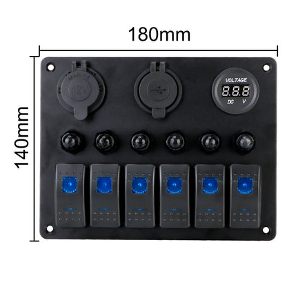 Blue 6 Gang Switch Panel USB Charger Circuit Breakers Voltmeter Power Socket